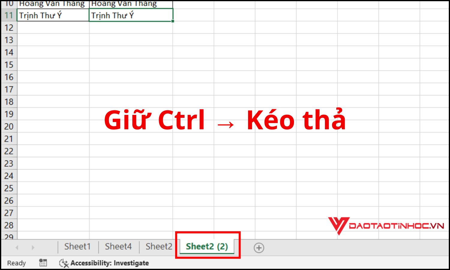 Copy trong cùng file trong Excel