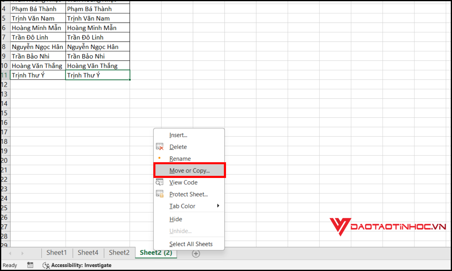 Dùng chức năng Move or Copy để copy sheet trong Excel bước 1