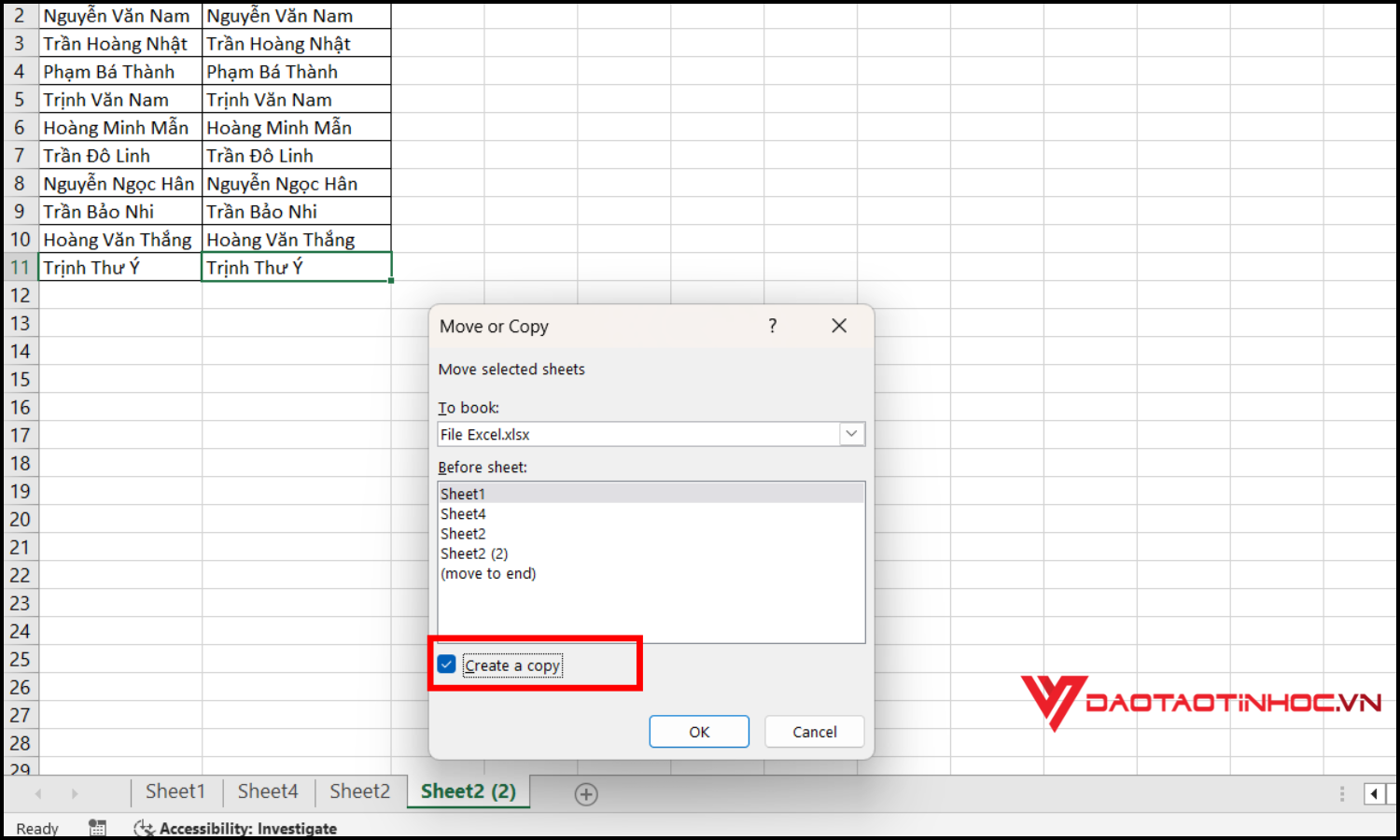 Dùng chức năng Move or Copy để copy sheet trong Excel bước 2