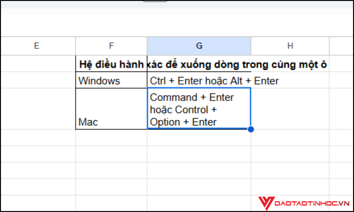 Kết quả của việc tự động xuống dòng trong Google Sheets