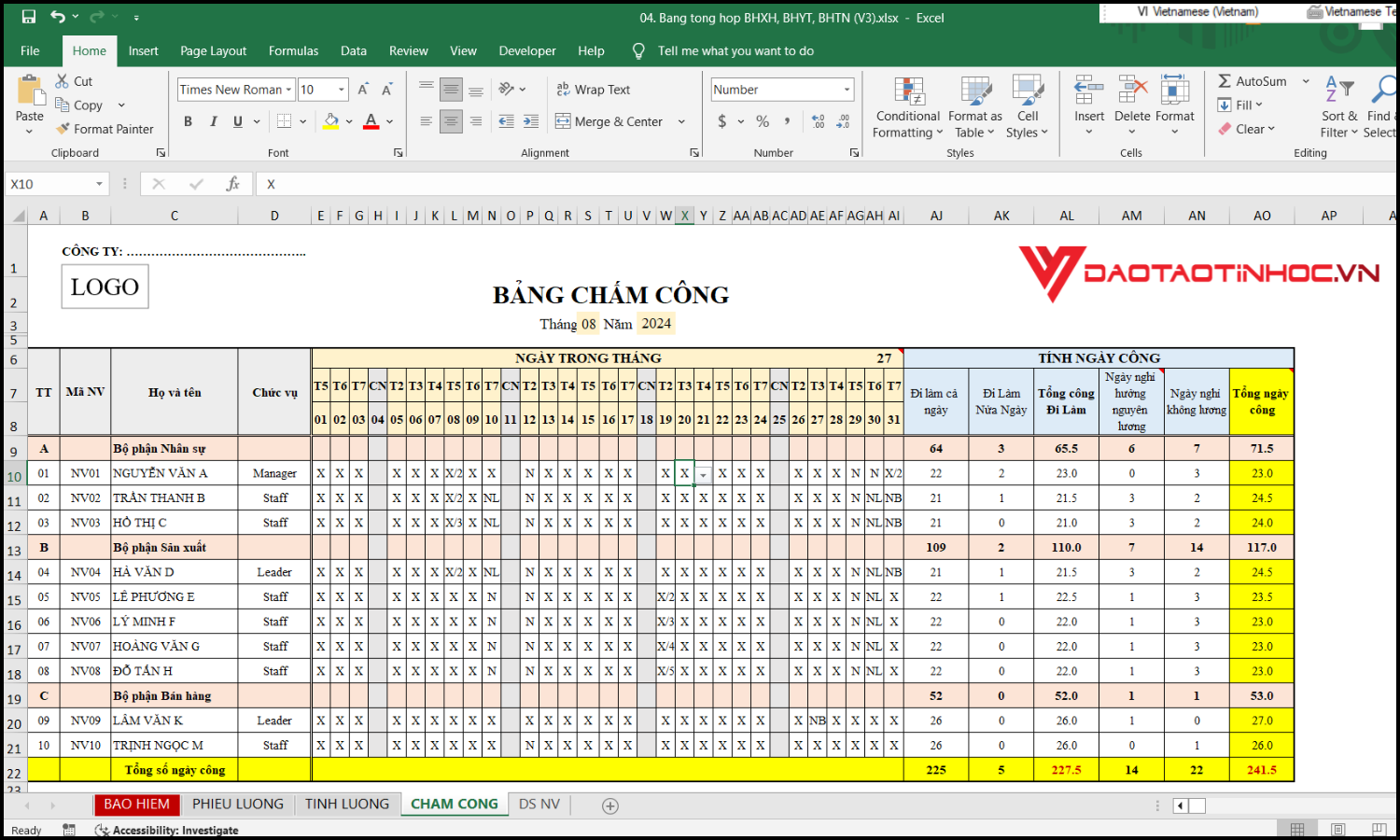 Mẫu bảng lương nhân viên Excel