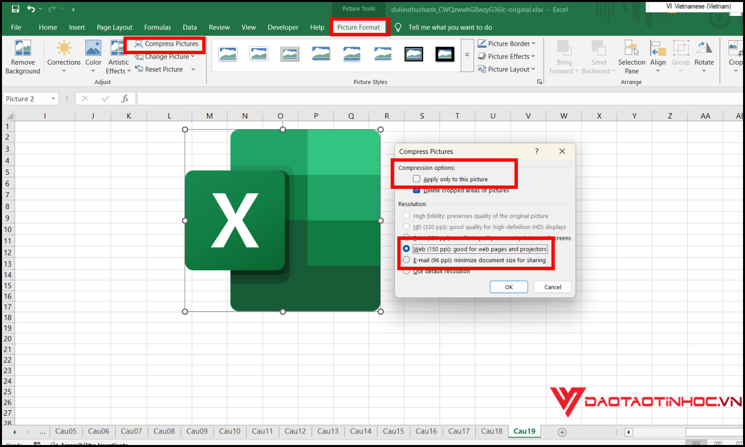 Nén hình ảnh trong Excel