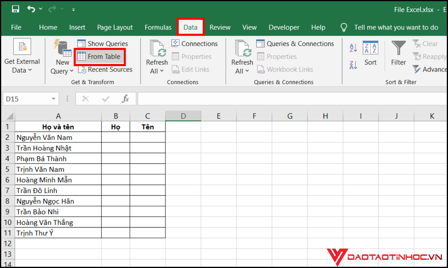Tách họ tên Excel bằng Power Query bước 1
