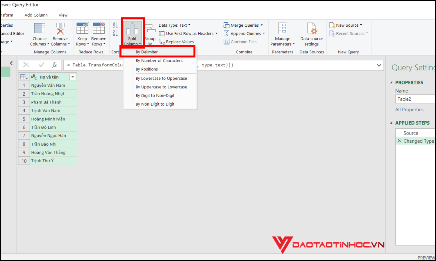 Tách họ tên Excel bằng Power Query bước 2