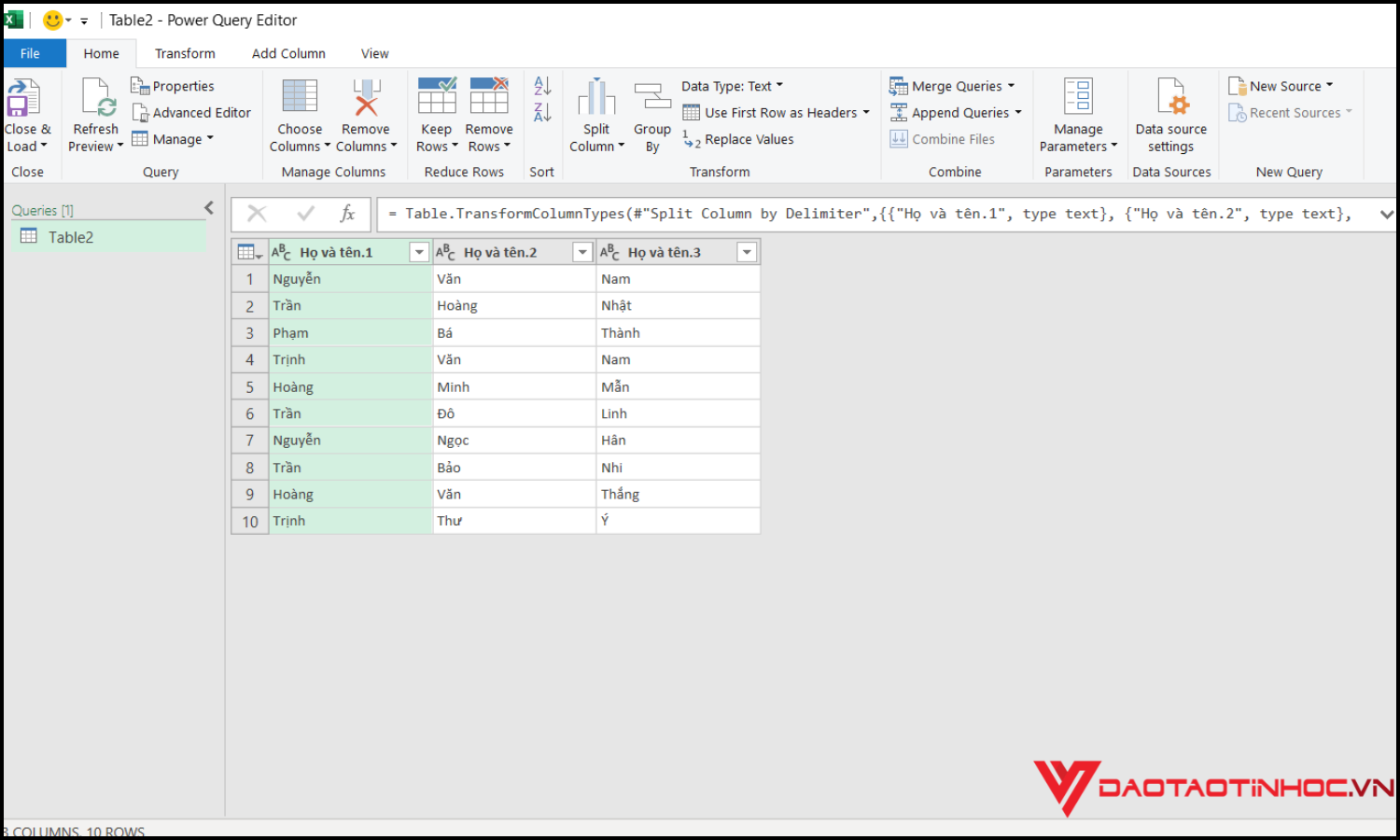 Tách họ tên Excel bằng Power Query bước 3