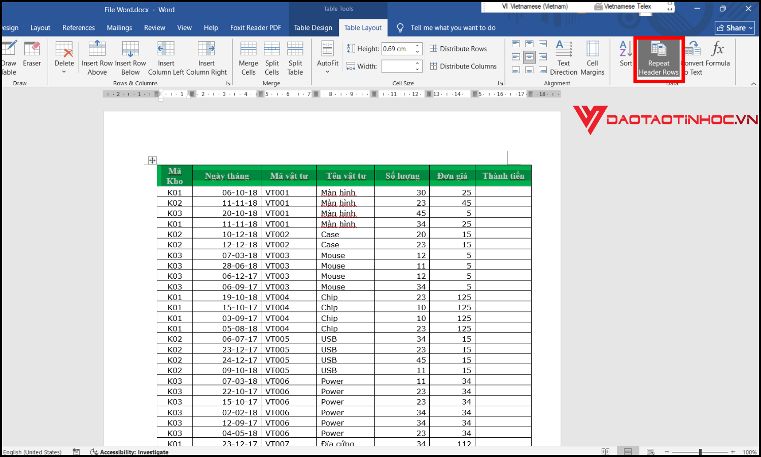 Cách lặp lại tiêu đề bảng trong Word bước 3