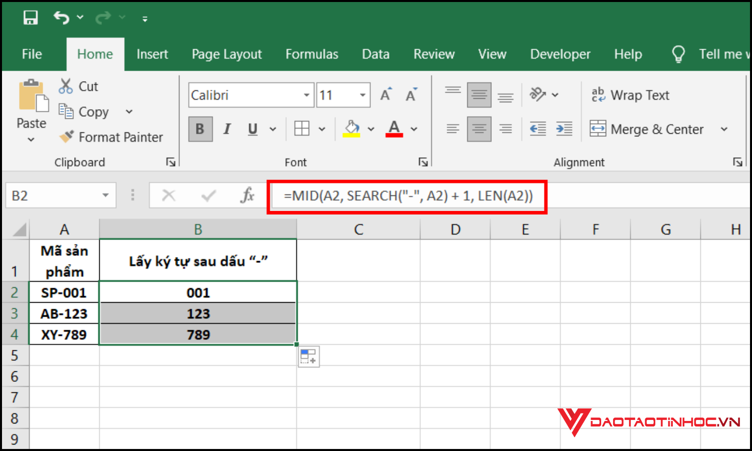 Hàm lấy ký tự bất kỳ trong chuỗi Excel bằng MID + SEARCH