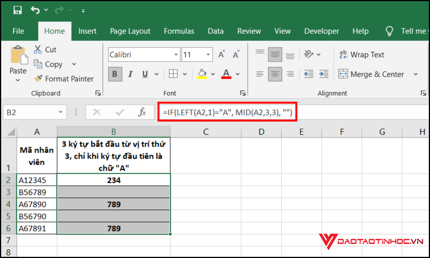 Hàm lấy ký tự có điều kiện trong Excel bằng MID và IF
