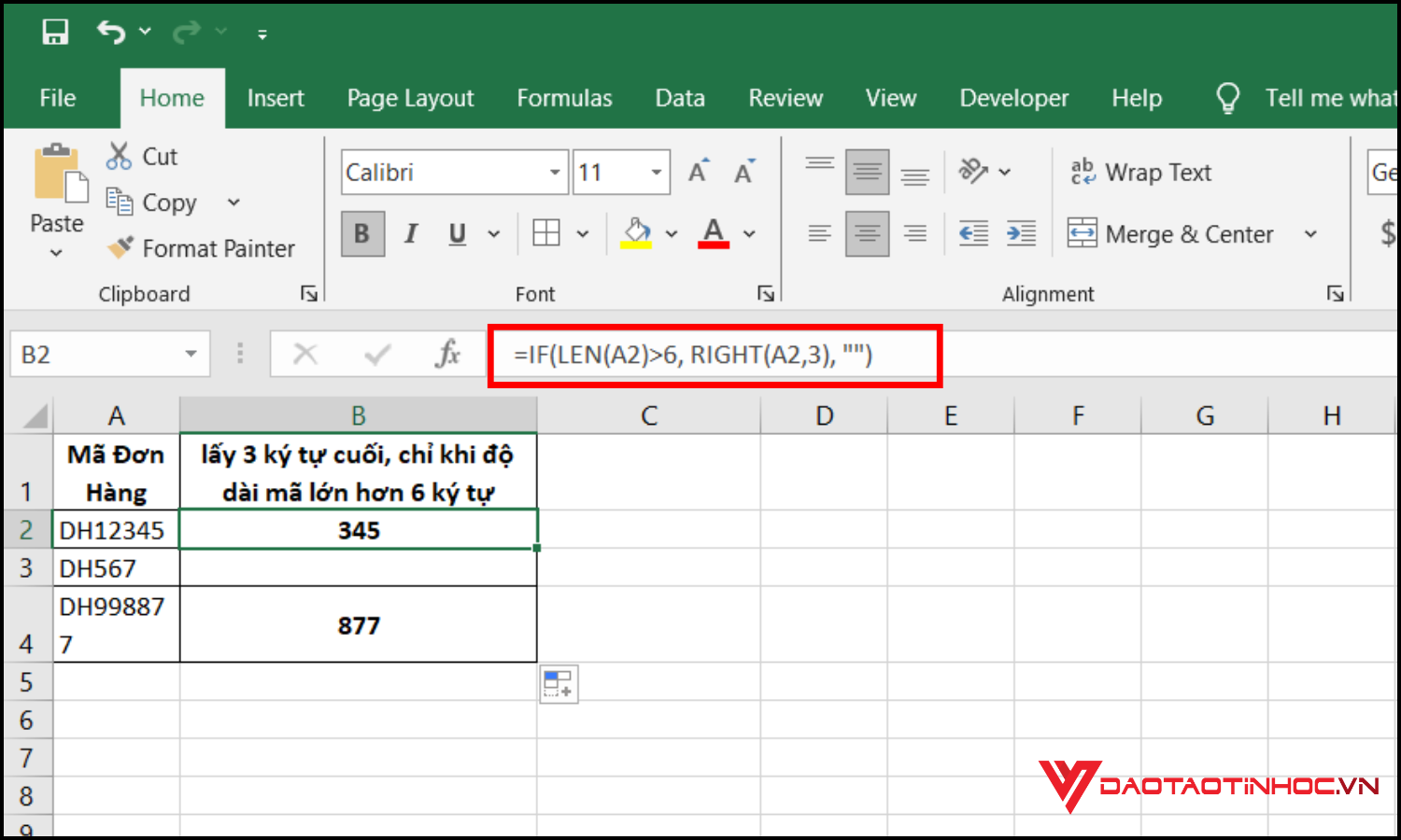 Hàm lấy ký tự có điều kiện trong Excel bằng RIGHT và IF