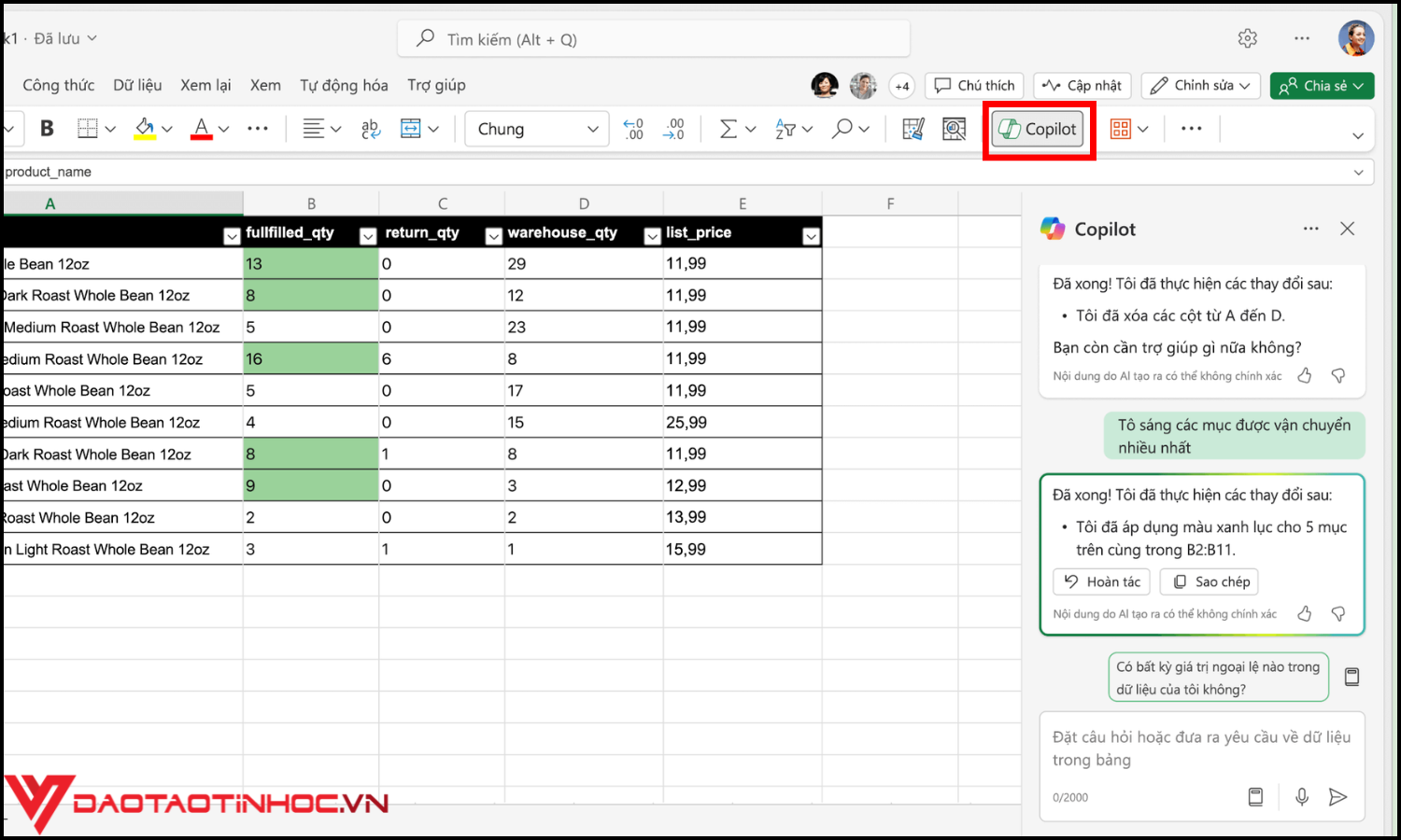 Tích hợp Copilot AI vào Excel bước 2