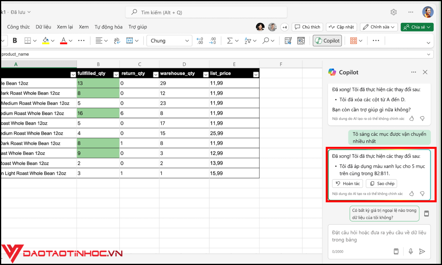 Tích hợp Copilot AI vào Excel bước 3