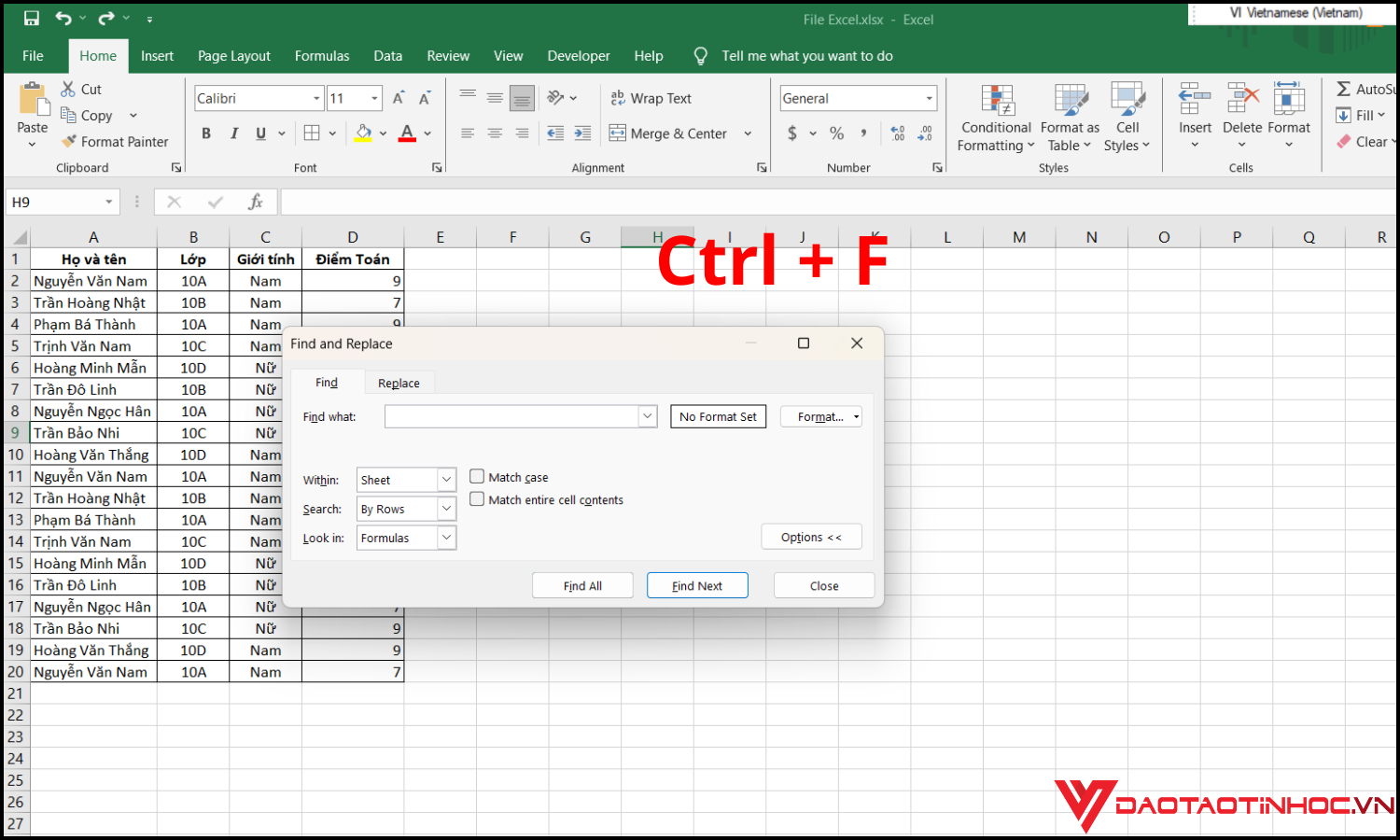 Tìm kiếm nhanh trên Excel bằng công cụ Find bước 1
