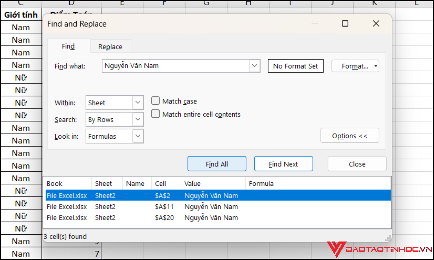 Tìm kiếm nhanh trên Excel bằng công cụ Find bước 3