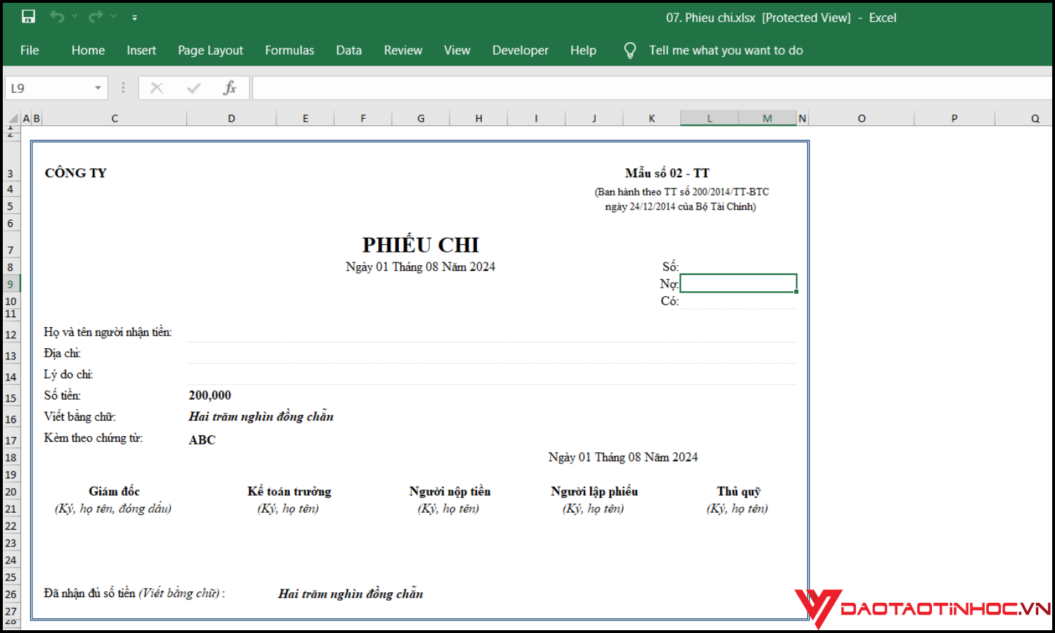 Ví dụ về phiếu chi trong Excel