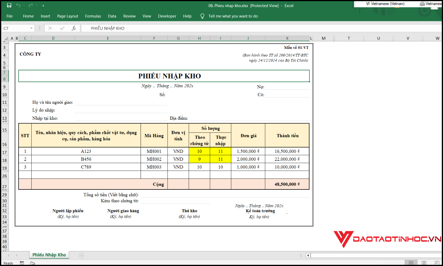 Ví dụ về phiếu nhập kho trong Excel