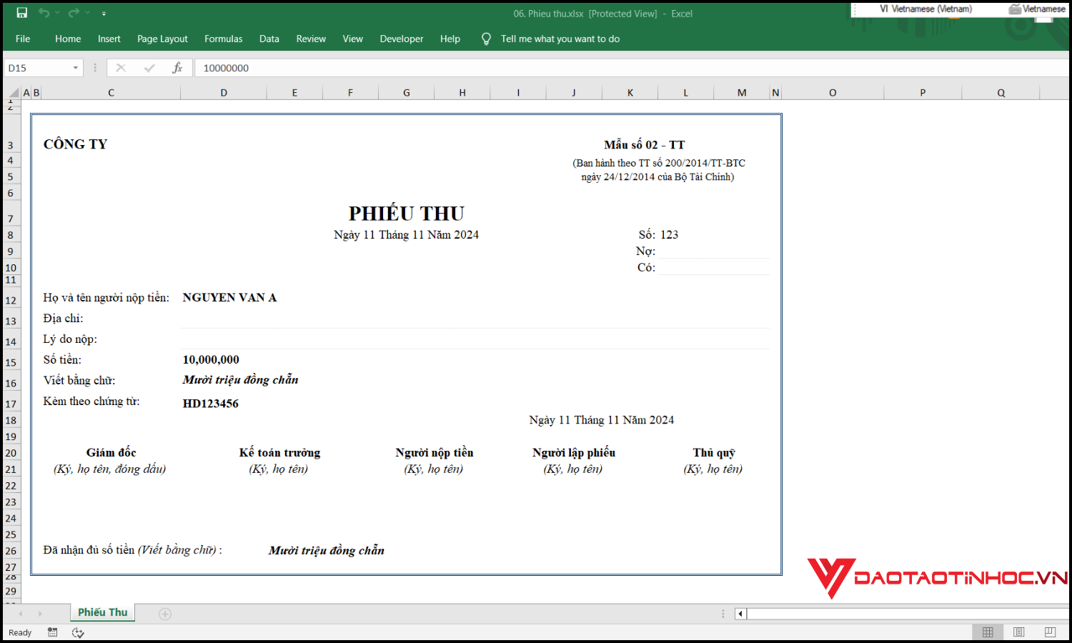 Ví dụ về phiếu thu trong Excel