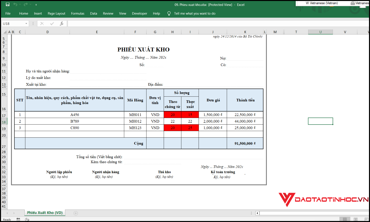 Ví dụ về phiếu xuất kho trong Excel