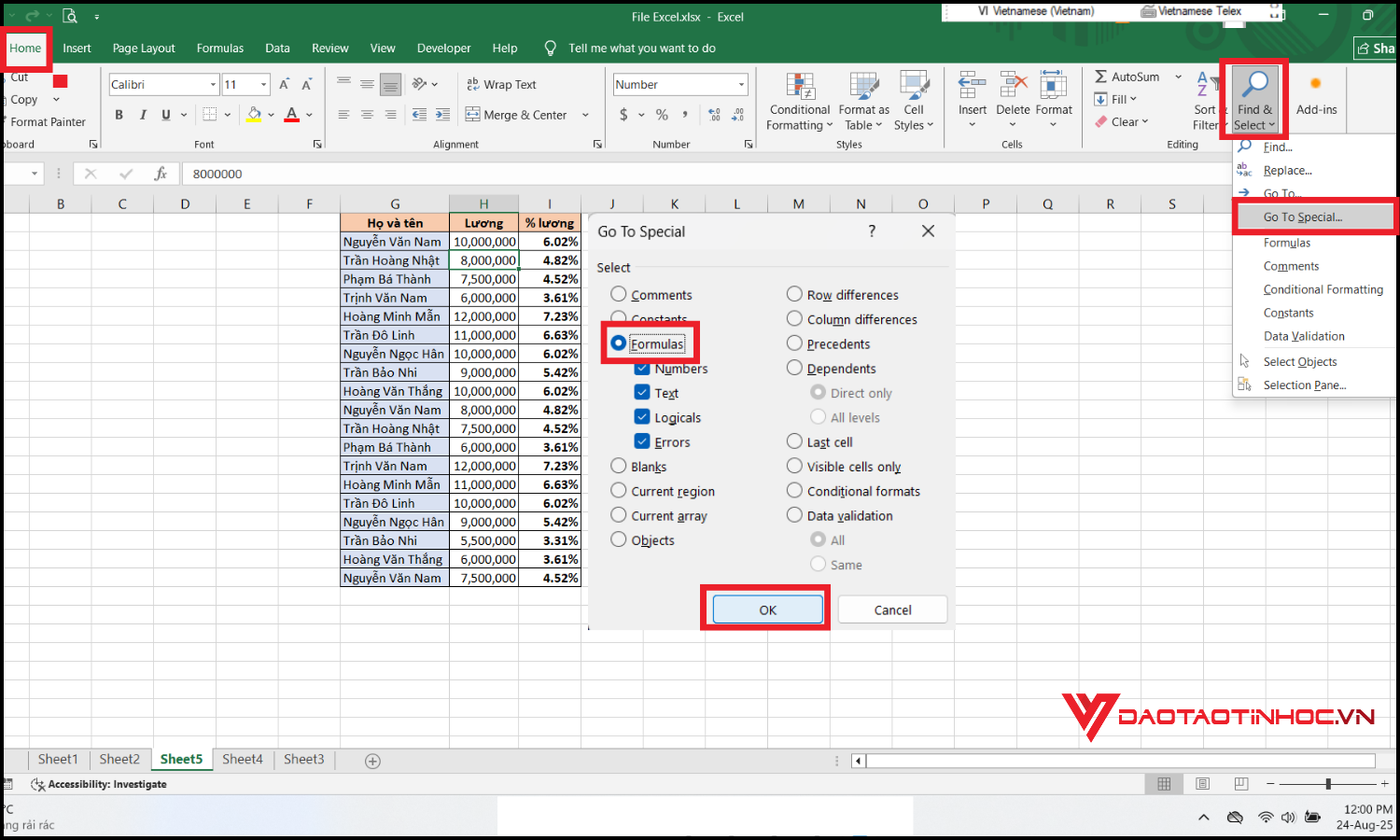 Cách khóa trong Excel bước 1