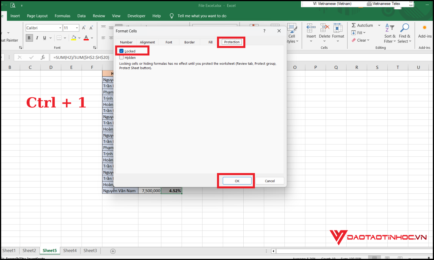 Cách khóa trong Excel bước 2
