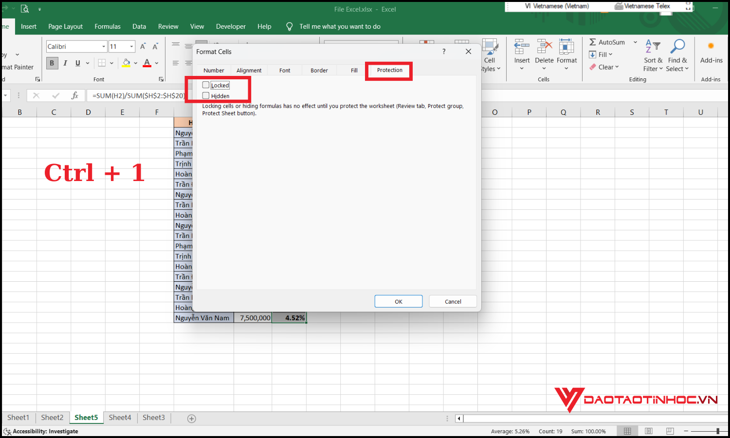 Cách khóa vùng dữ liệu trong Excel bước 1