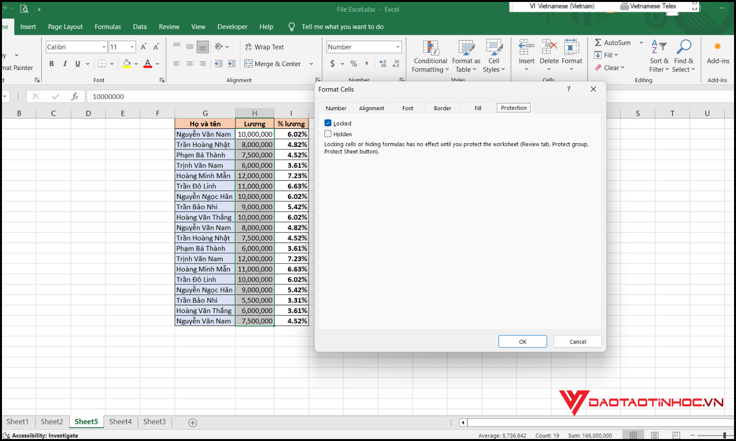 Cách khóa vùng dữ liệu trong Excel bước 2
