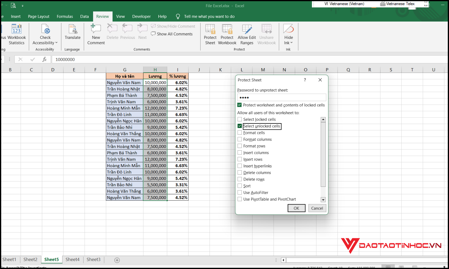 Cách khóa vùng dữ liệu trong Excel bước 3