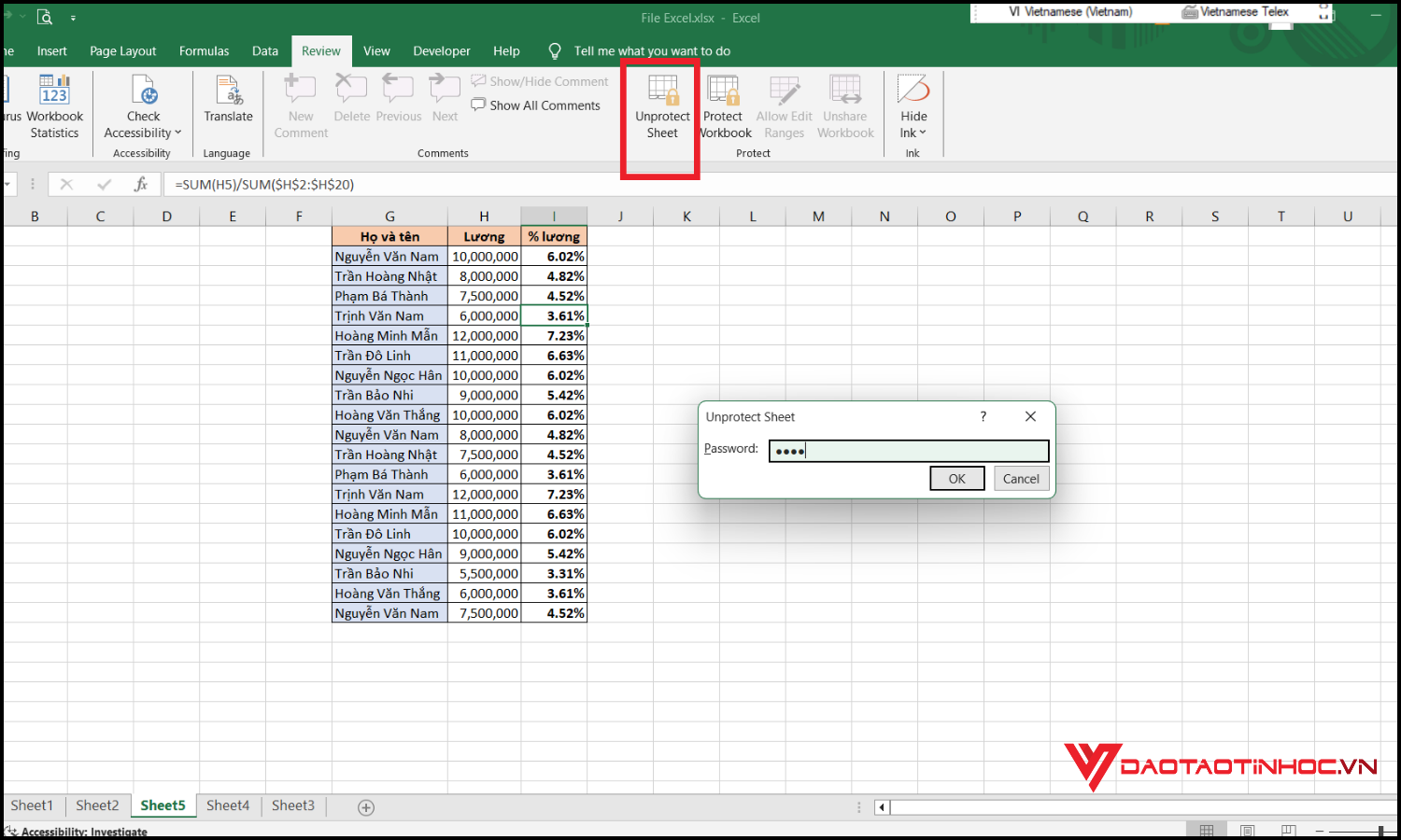 Cách mở khóa dữ liệu trong Excel bước 1