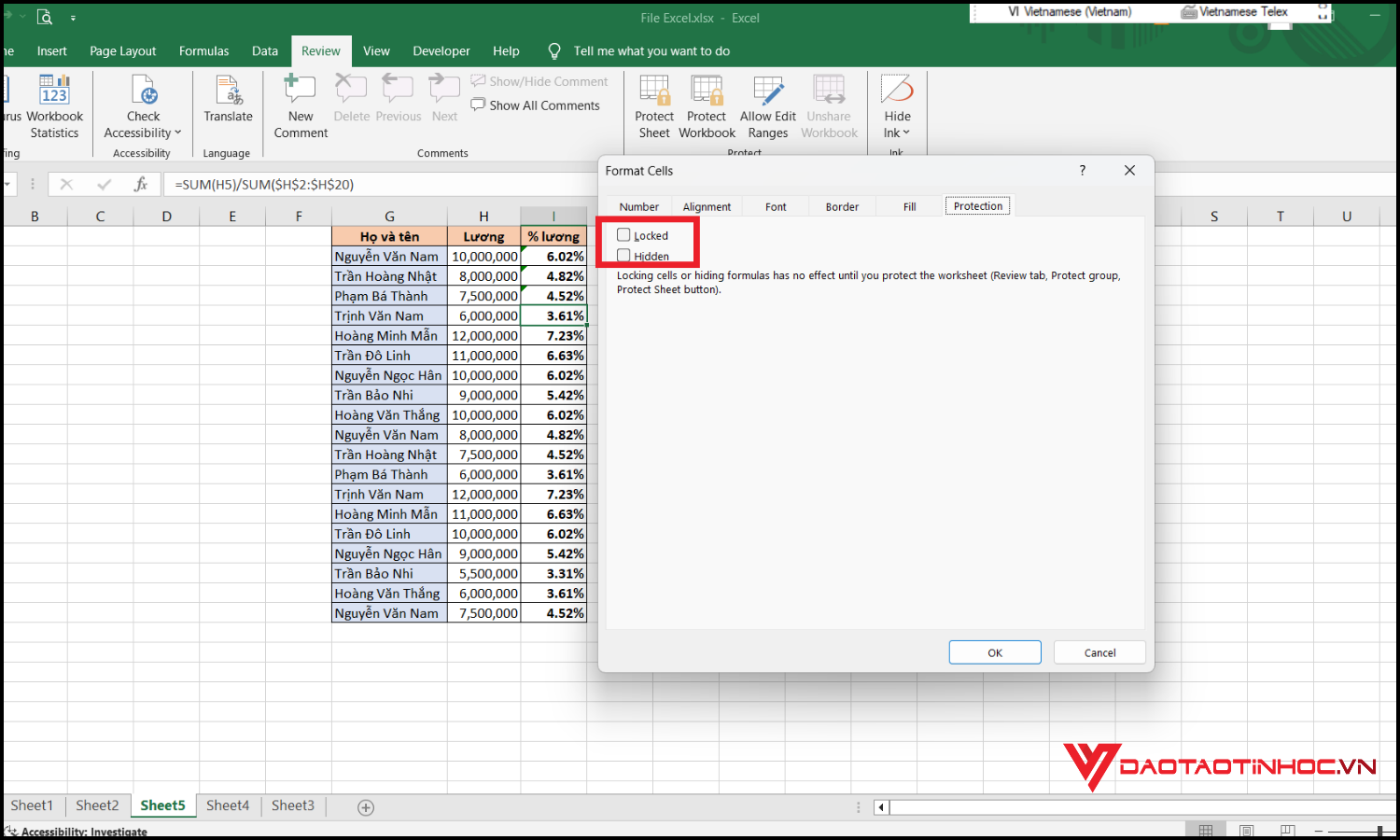 Cách mở khóa dữ liệu trong Excel bước 2
