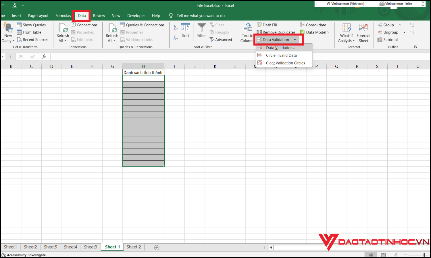 Cách tạo danh sách chọn trong excel từ một sheet khác bước 1