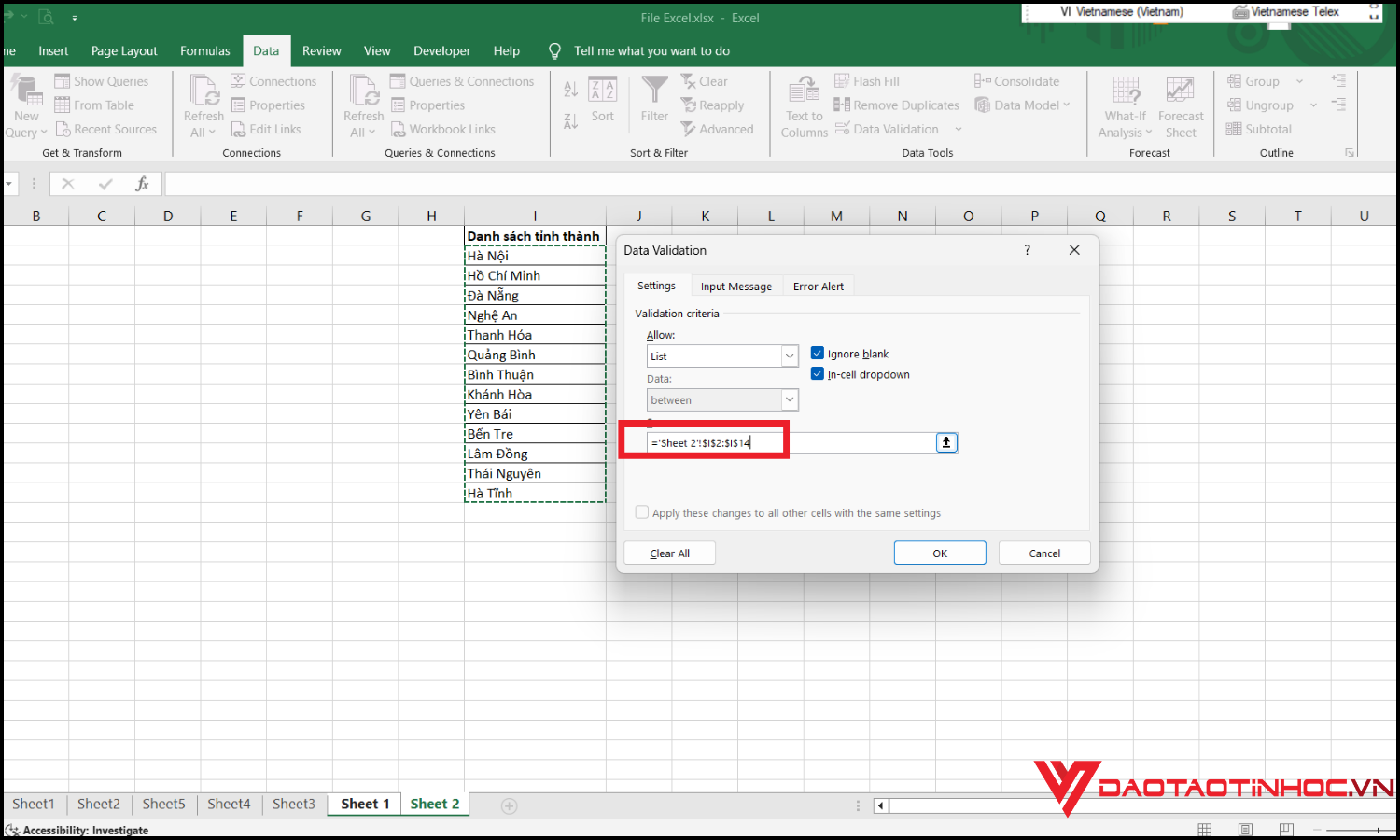 Cách tạo danh sách chọn trong excel từ một sheet khác bước 2