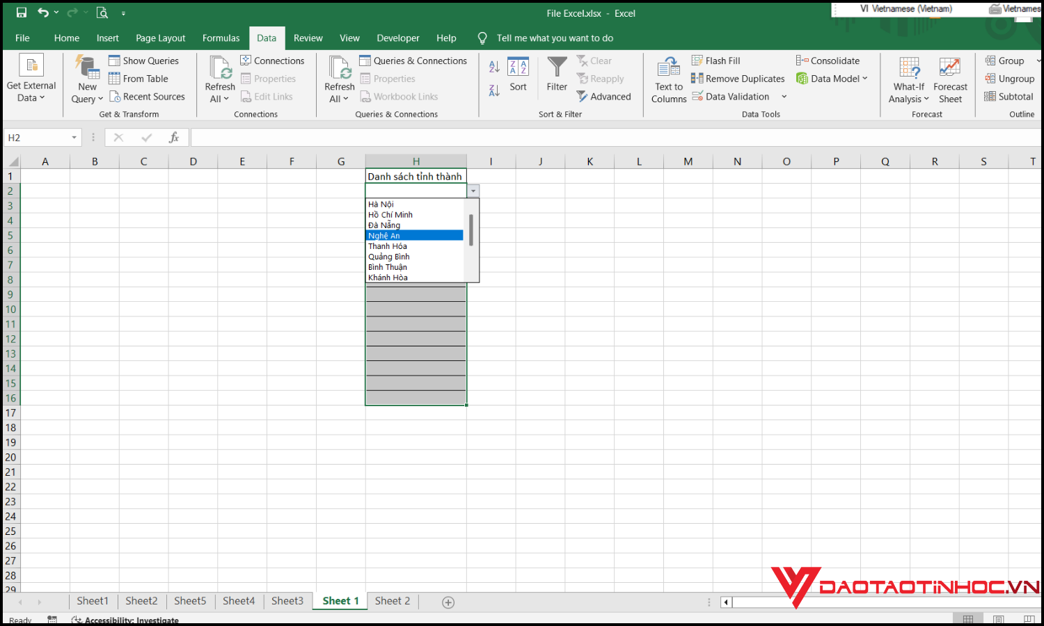 Cách tạo danh sách chọn trong excel từ một sheet khác bước 3