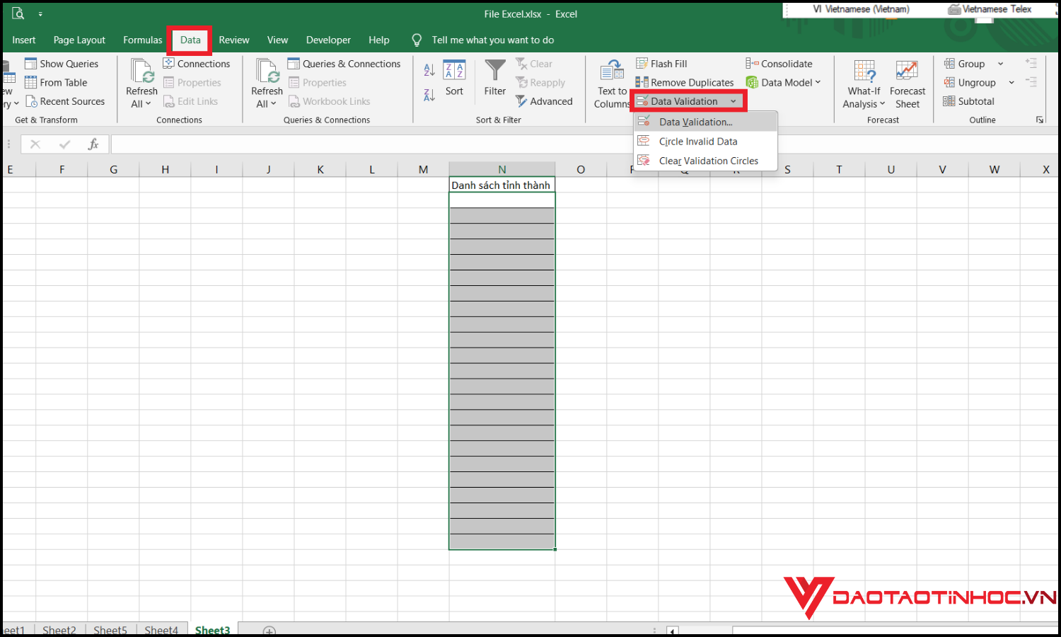 Cách tạo lựa chọn trong excel bằng Data Validation Bước 1