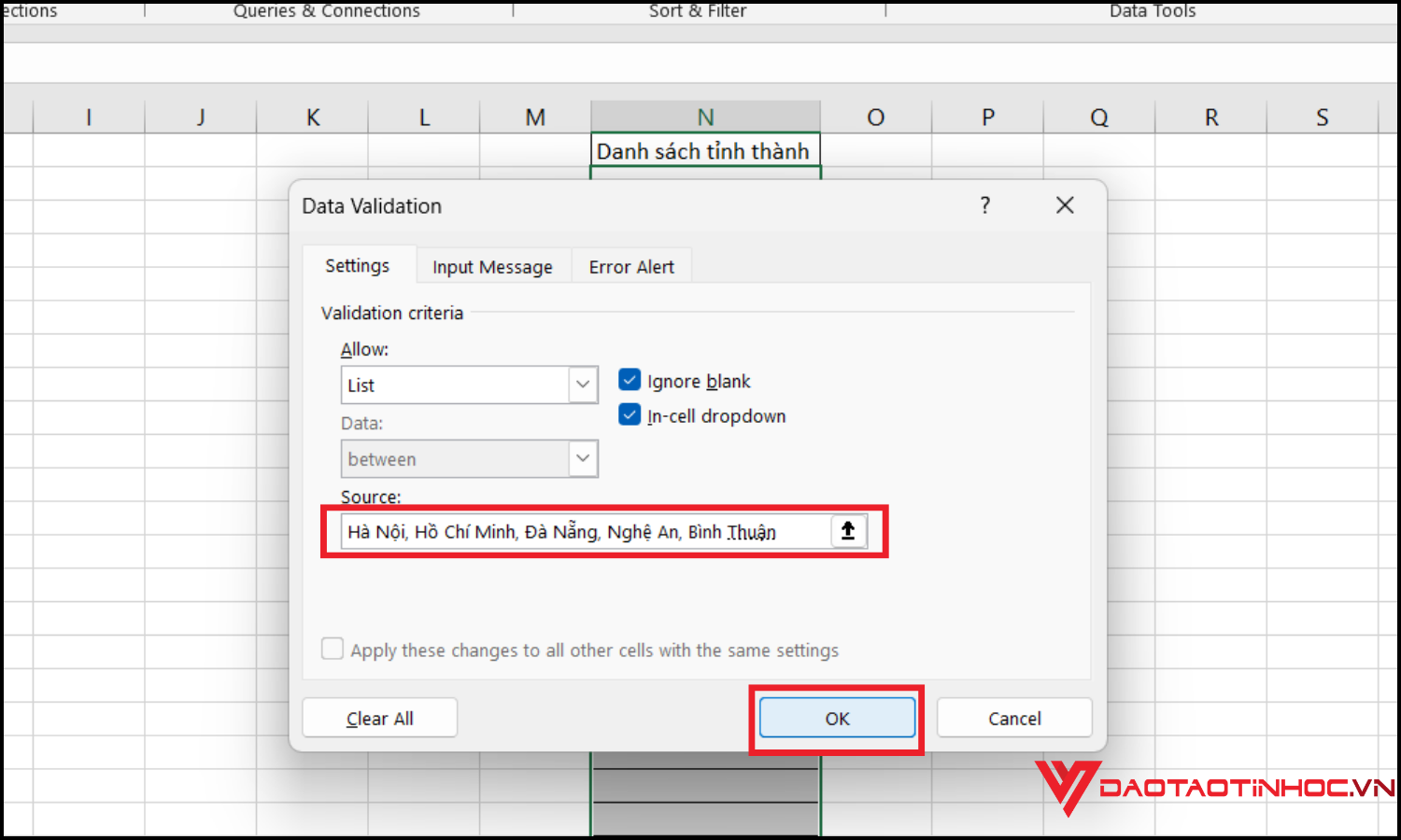 Cách tạo lựa chọn trong excel bằng Data Validation Bước 2