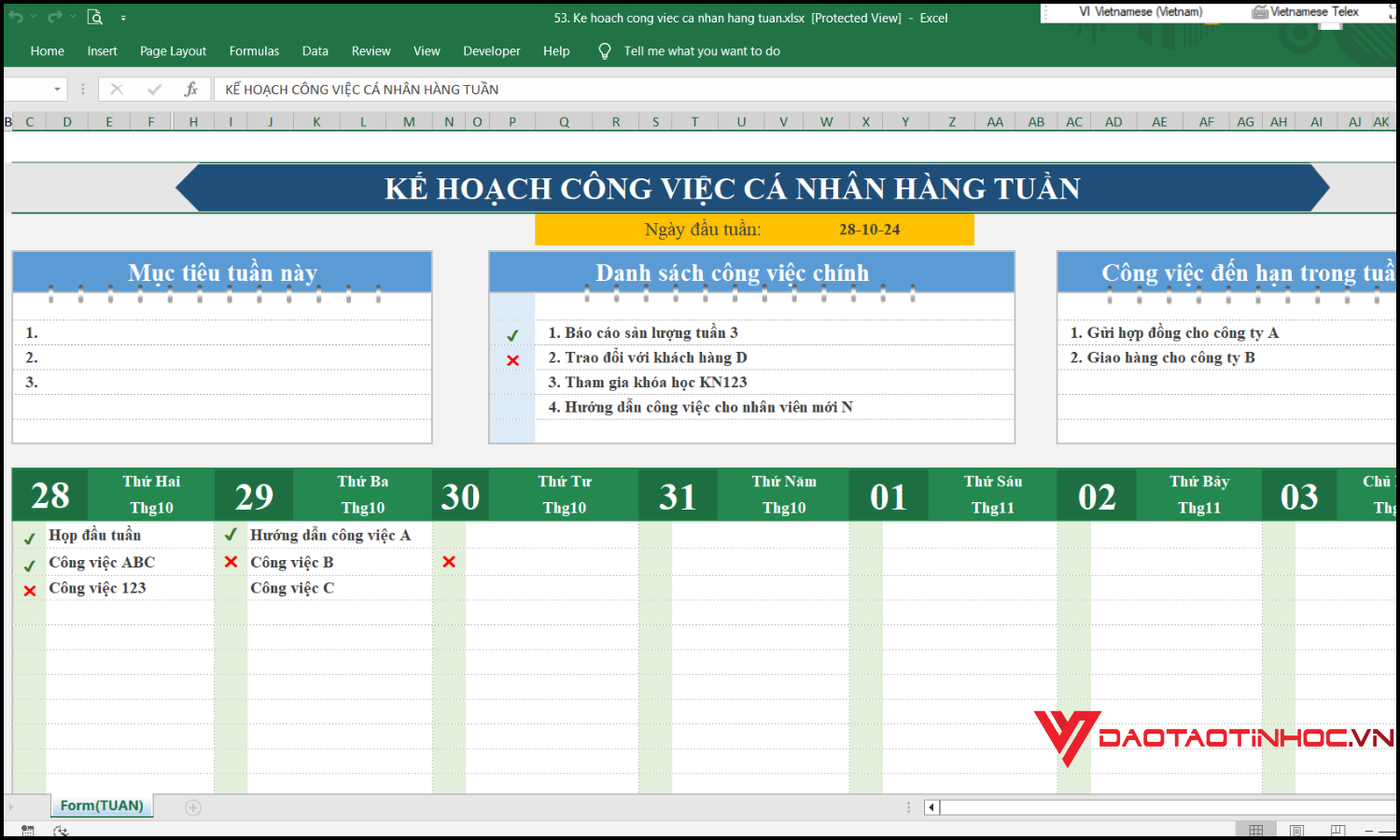 Kế hoạch công việc cá nhân hằng tuần