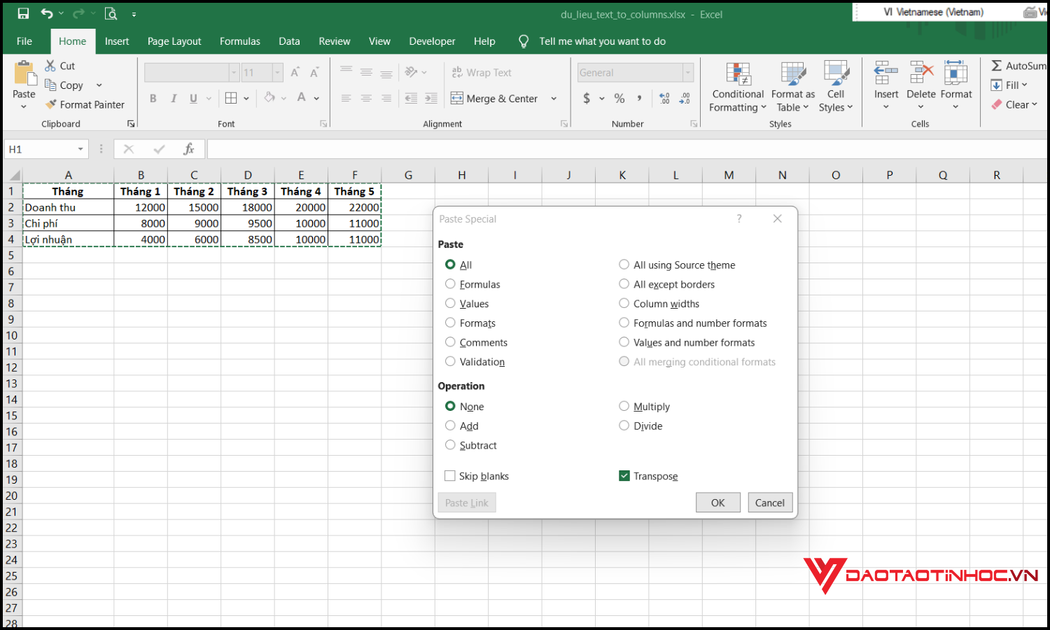 Cách chuyển hàng thành cột trong Excel bằng Paste Special bước 2