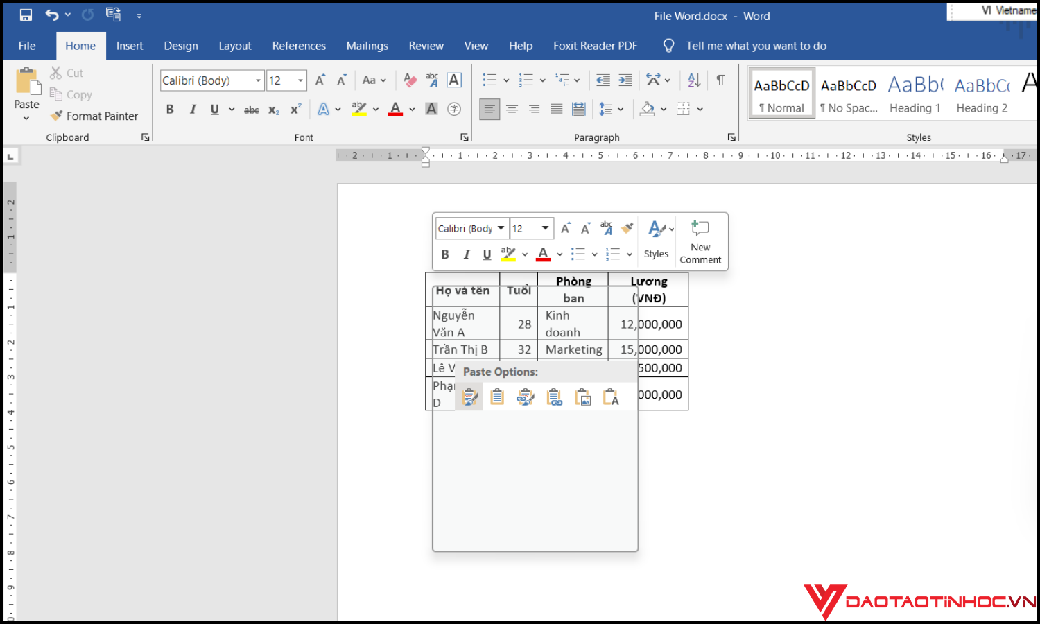 Cách copy bảng từ Excel sang Word bằng tính năng Paste Special bước 2