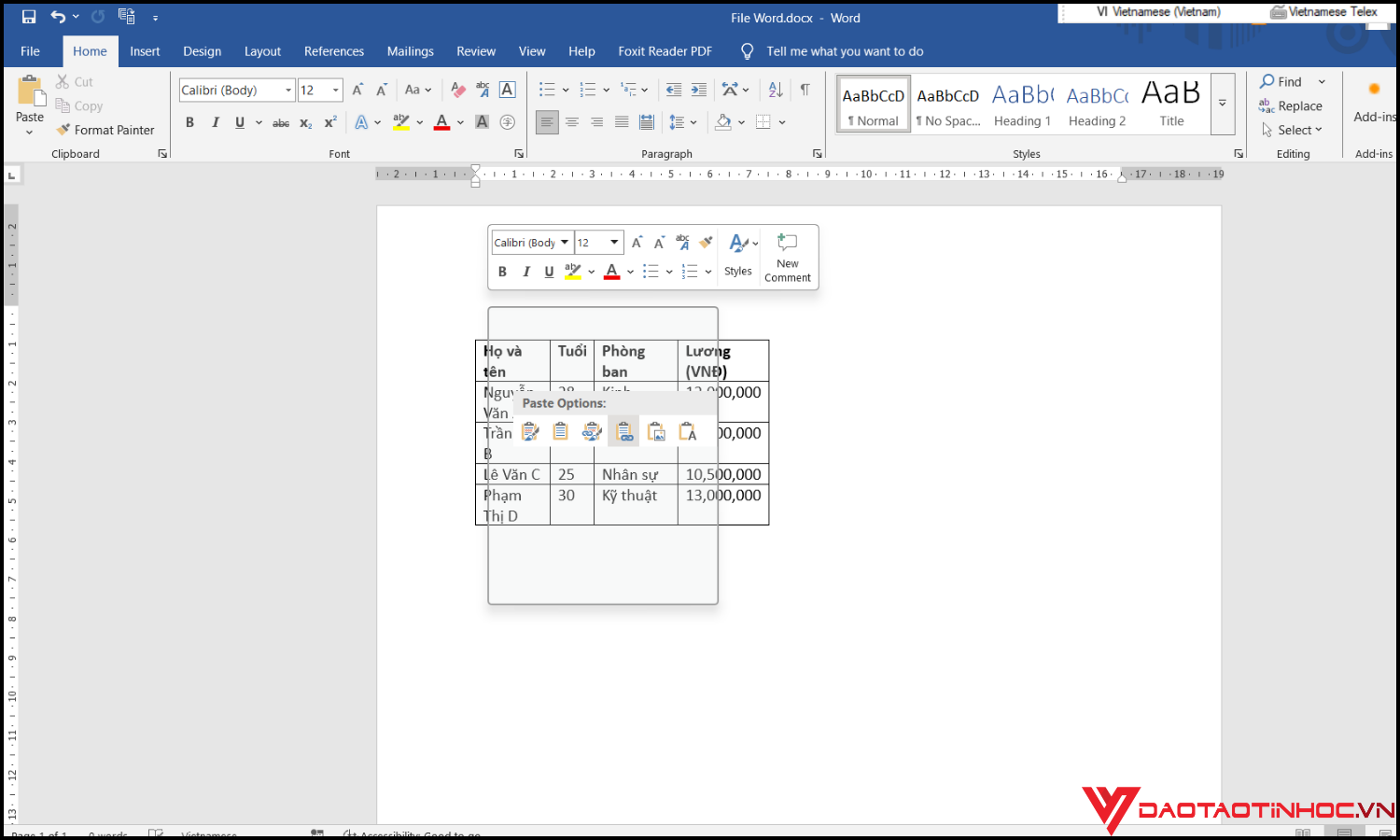 Cách copy từ Excel sang Word bằng liên kết bước 3