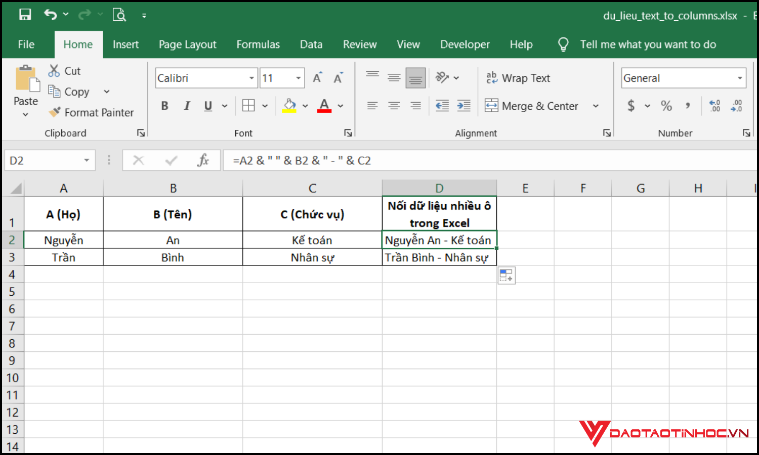 Cách ghép chữ trong Excel từ nhiều ô khác nhau