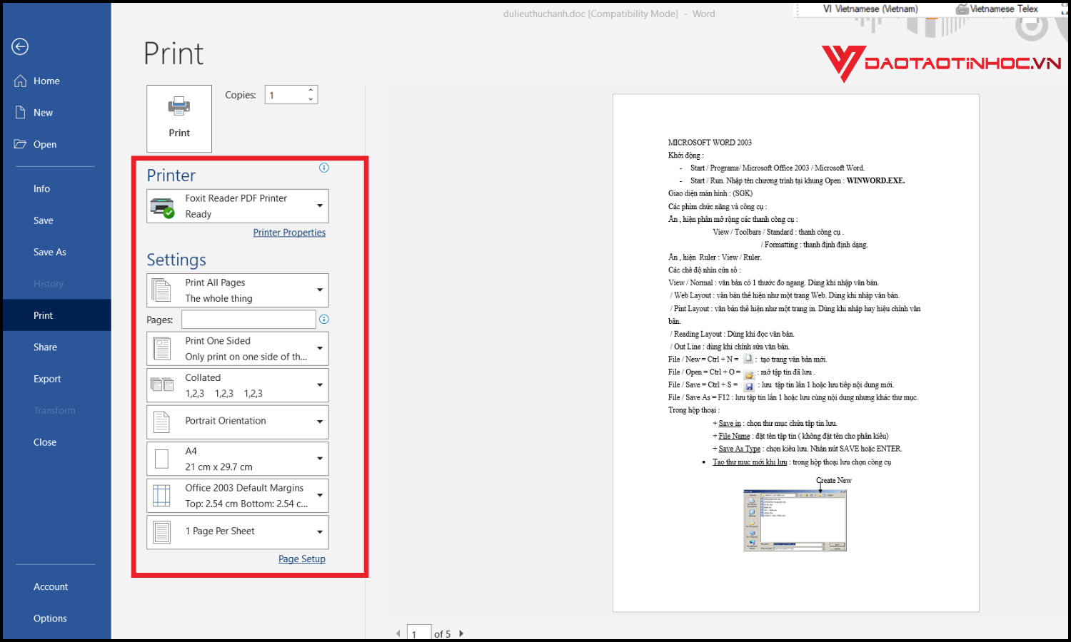 Cách in file Word bằng hộp thoại Print bước 3