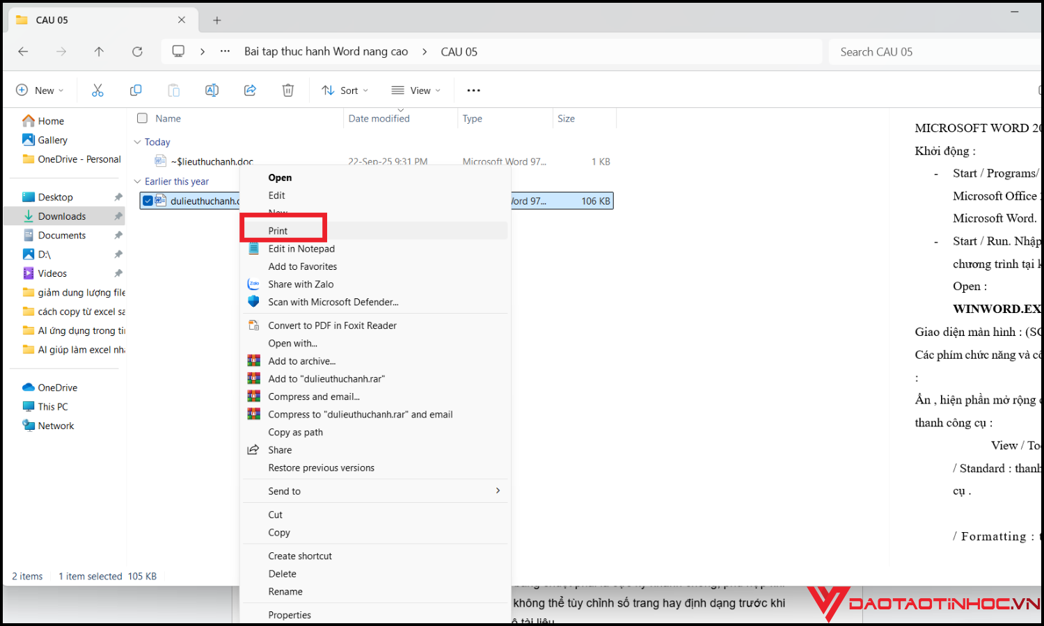 Cách in file Word trực tiếp bằng chuột phải