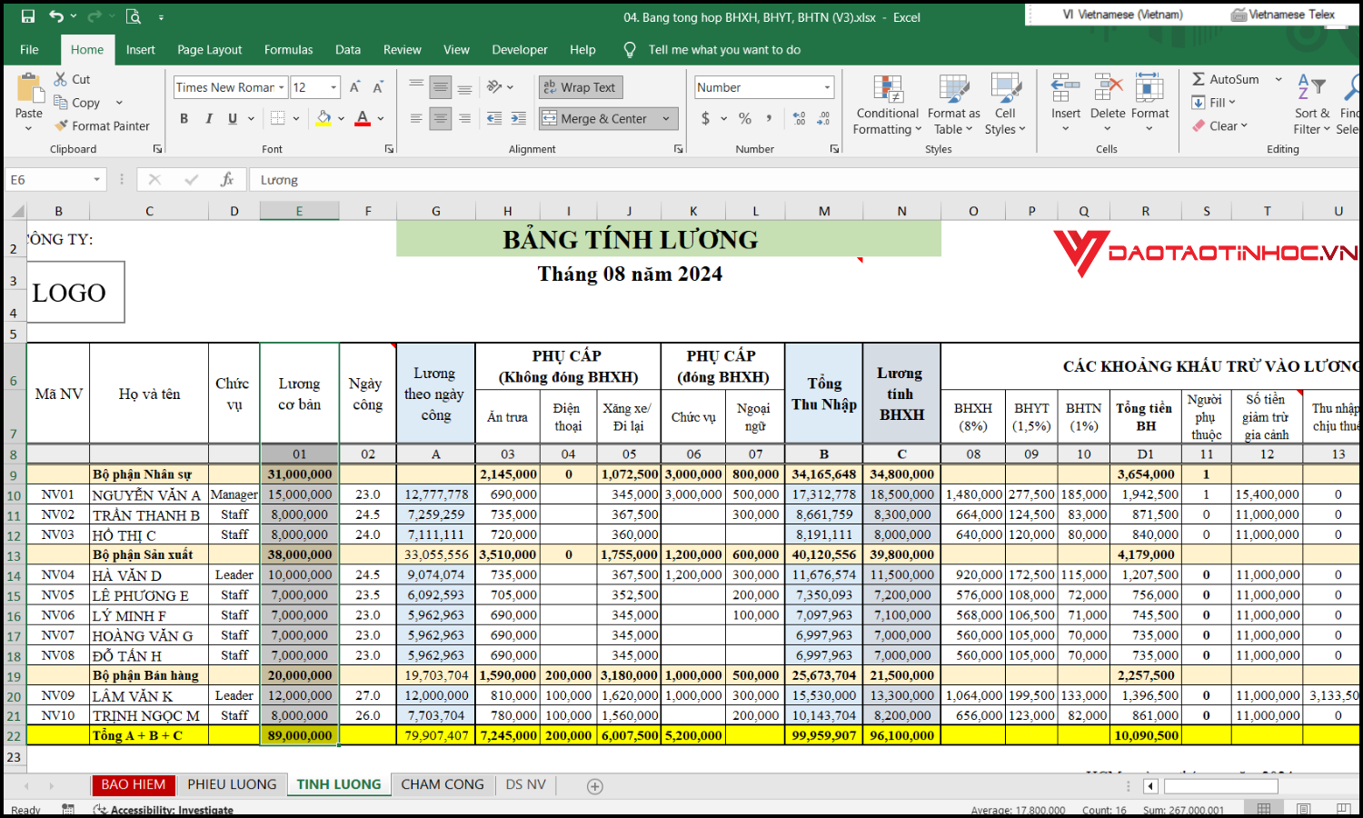 Cách tạo bảng tính lương trong Excel bước 2