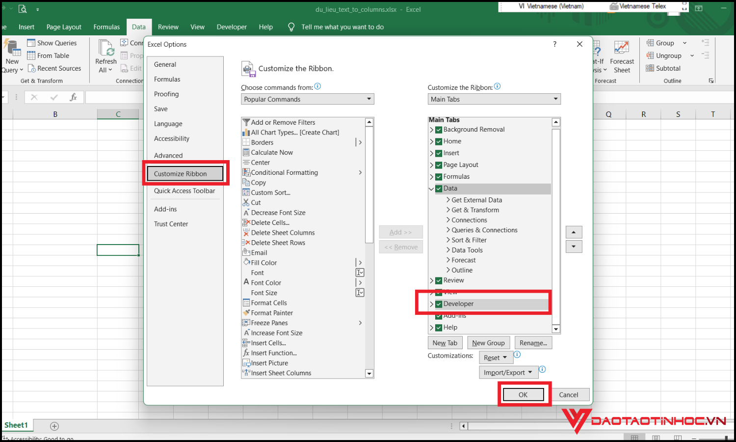 Cách tạo ô tích trong Excel bằng Developer tab bước 1