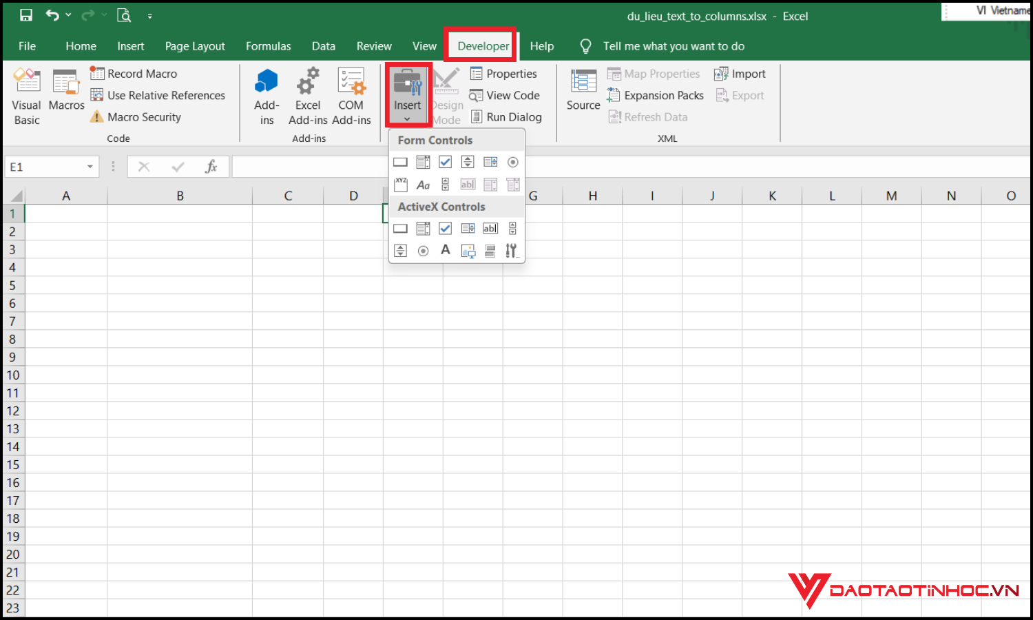 Cách tạo ô tích trong Excel bằng Developer tab bước 2