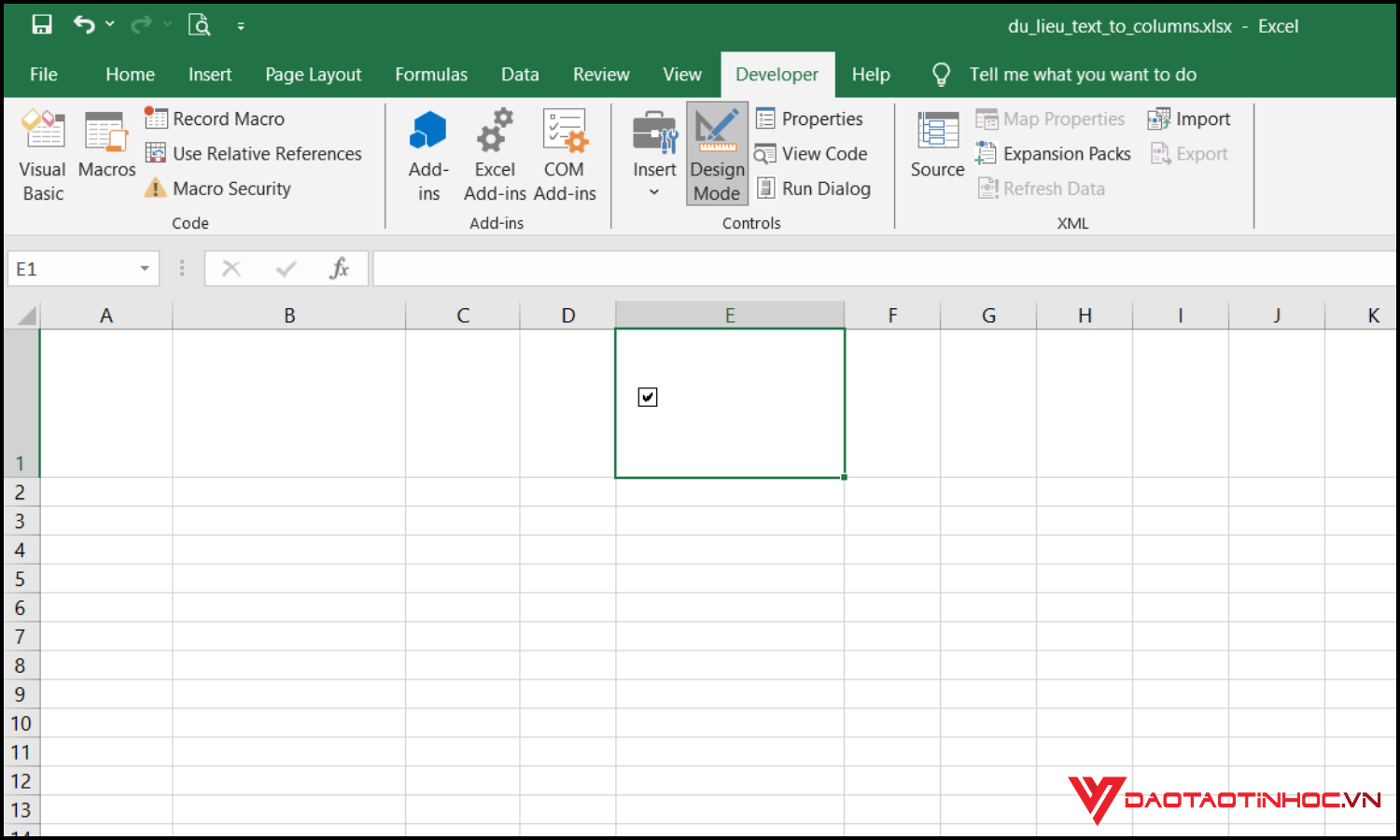 Cách tạo ô tích trong Excel bằng Developer tab bước 3