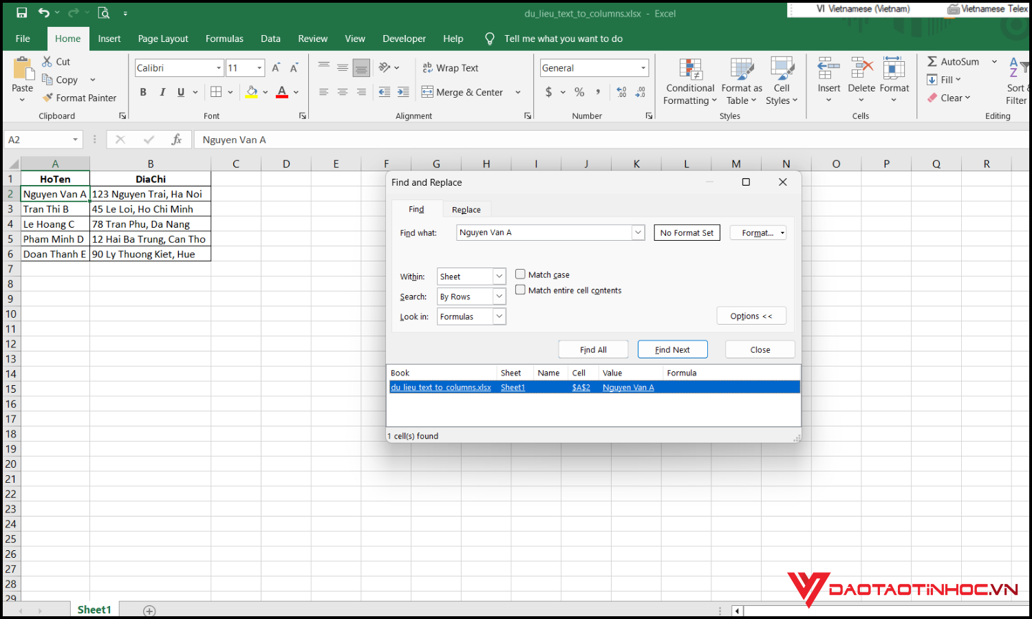 Cách tìm tên trong file Excel bằng Find
