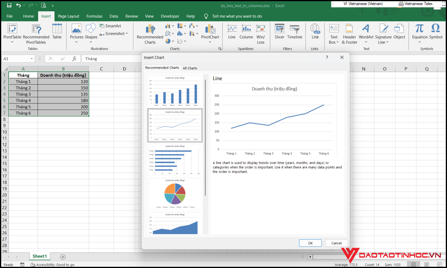 Cách vẽ biểu đồ đường trong Excel bước 3