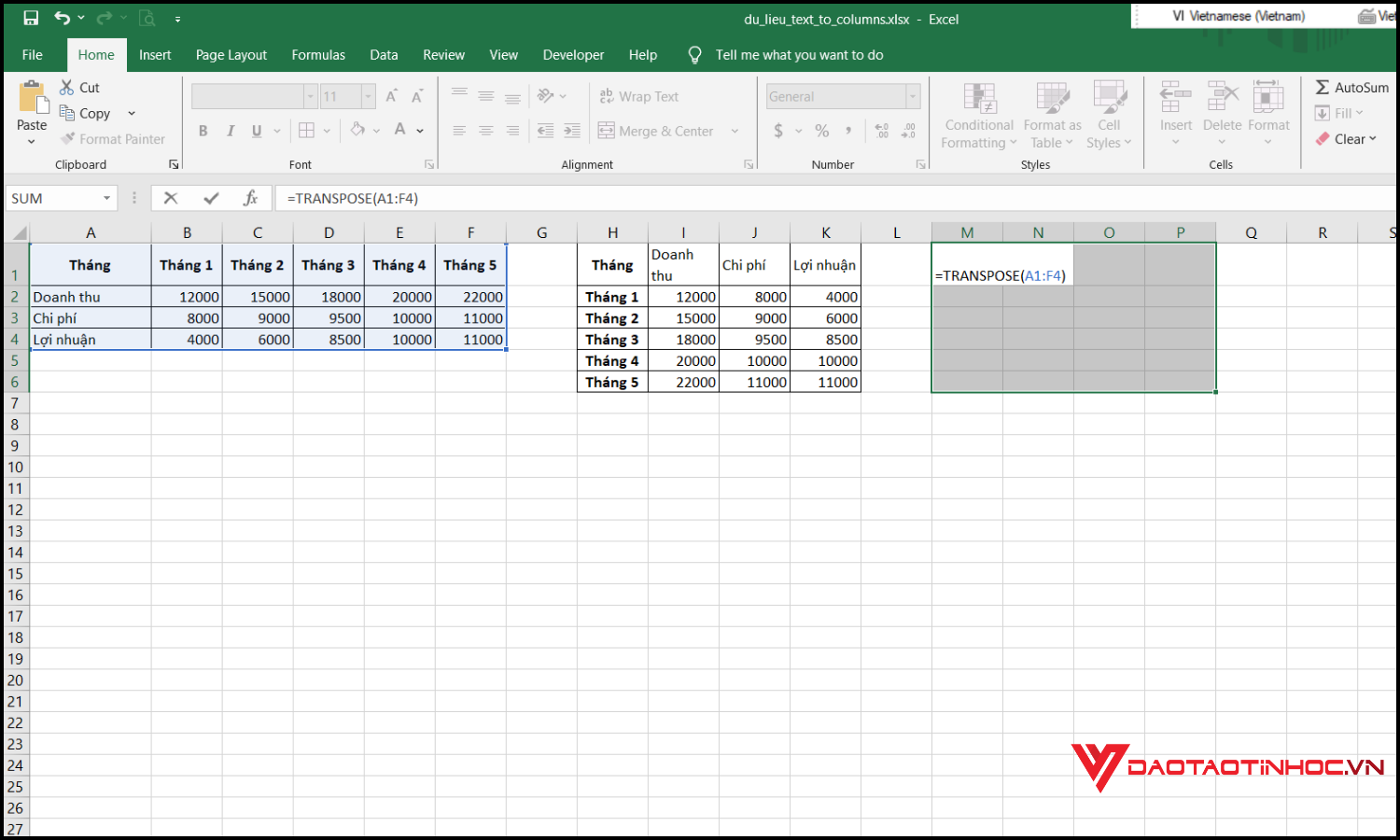 Chuyển hàng thành cột trong Excel bằng công thức TRANSPOSE bước 1