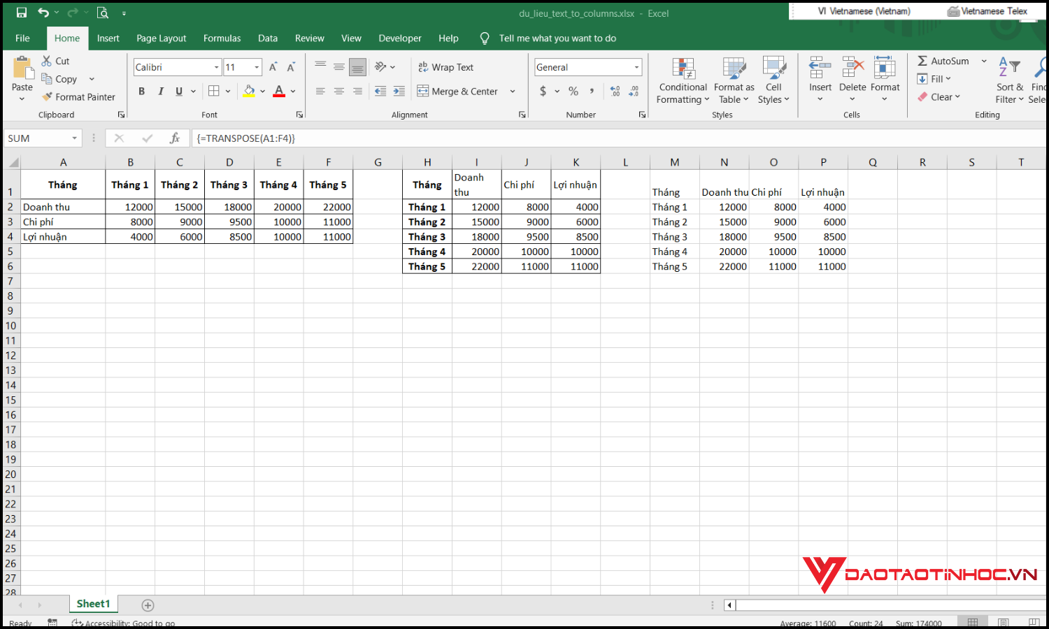 Chuyển hàng thành cột trong Excel bằng công thức TRANSPOSE bước 2