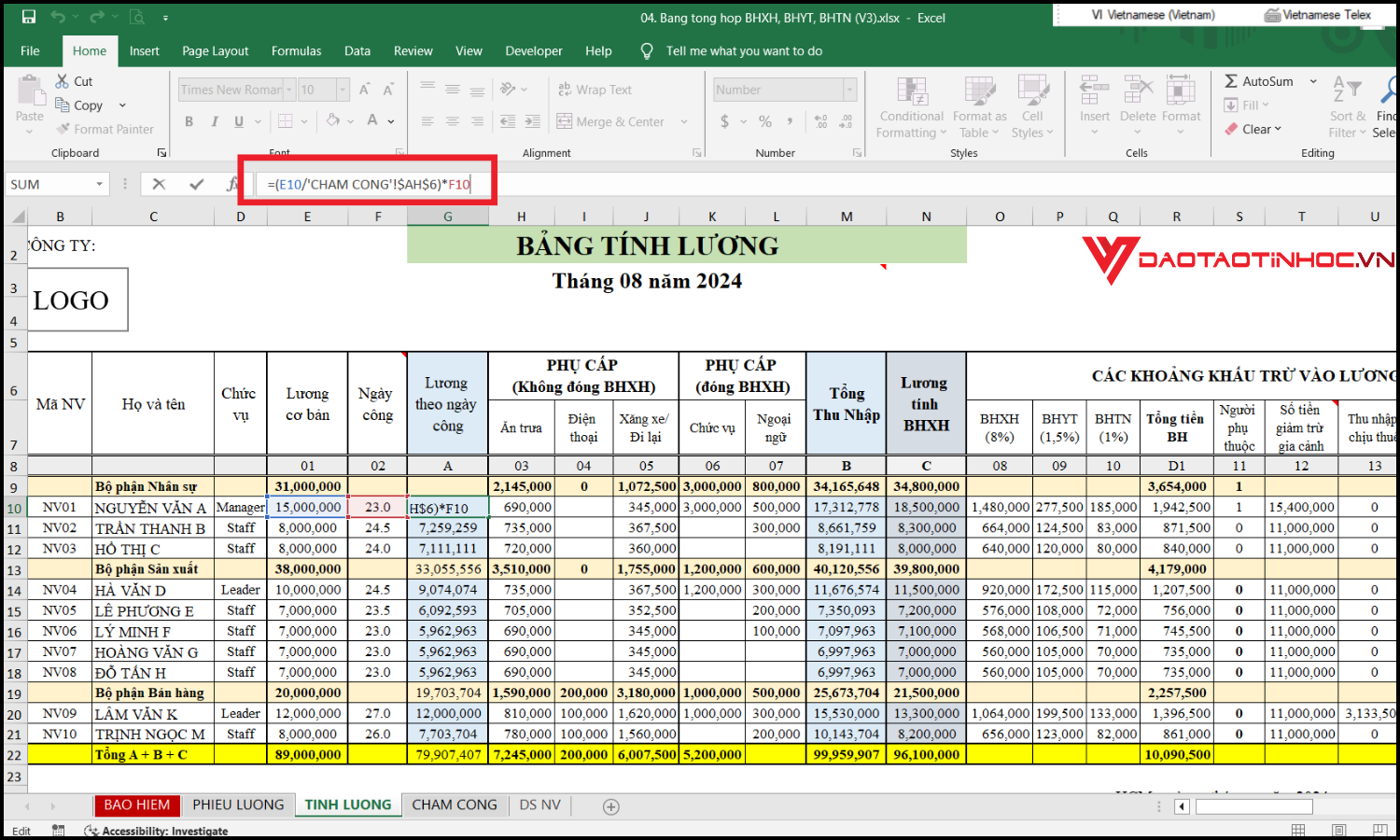 Công thức tính lương trong Excel theo hệ số và ngày công