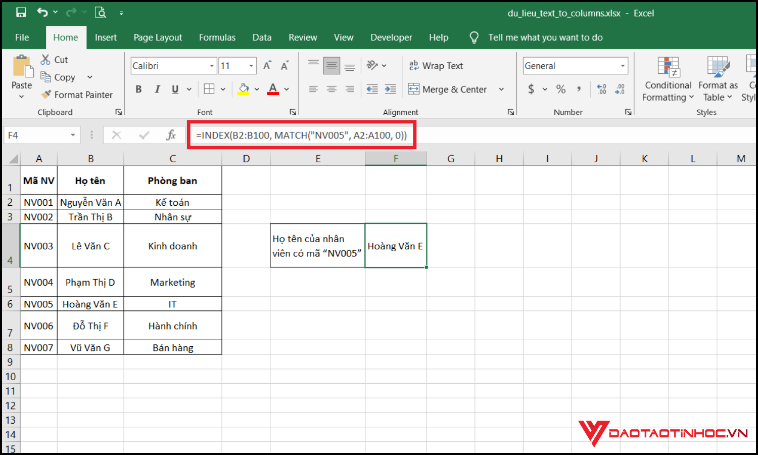 Dùng hàm INDEX và MATCH để tìm tên trong Excel chính xác hơn